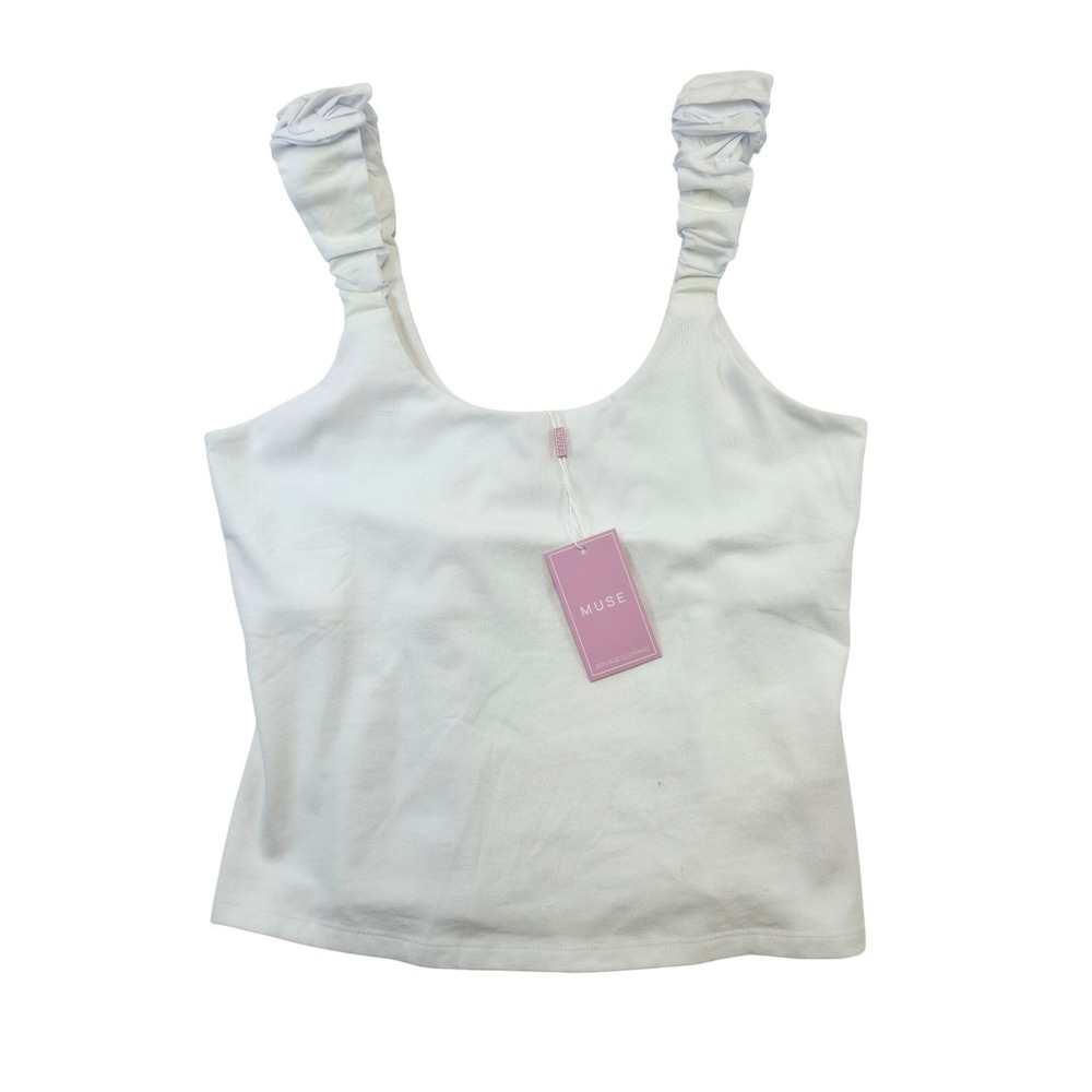Muse Republic Cotton White Ruched Strap Scoop Neck Tank Top Sz S NEW! Minimalist - Picture 3 of 7